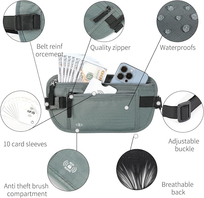 Money Belt for Travel, RFID Blocking, Hidden Money Belt, Passport Holder for Travel (Dark Green)