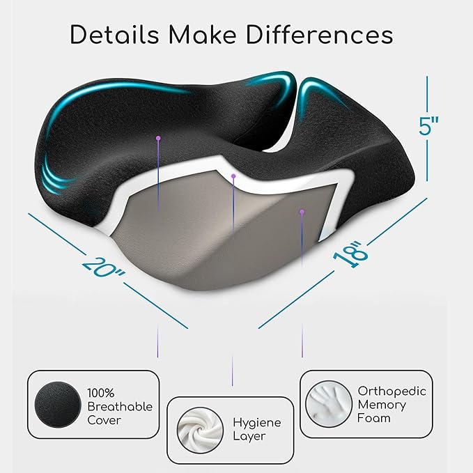 Extra Large Memory Foam Seat Cushions for Office Chairs, Pressure Relief Seat Cushion for Tailbone Pain Relief, Sciatica & Back Pain, Ergonomic Office Chair Cushion for Long Sitting & Driving (Black)