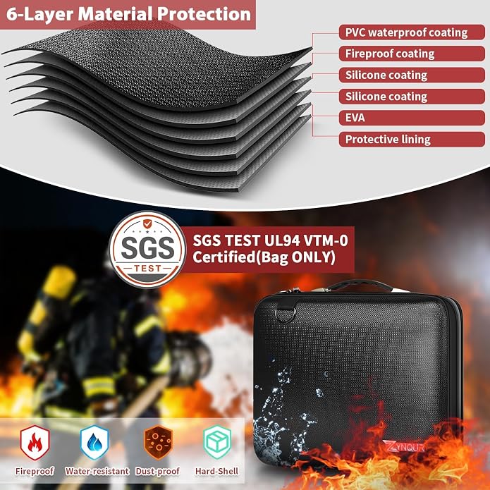 3200℉ Fireproof Briefcase 15.6in Laptop, Legal Size Organizer Filer | Includes13-pocket accordion folder,UL-94 VTM-0 Certified 6-layer,Waterproof Sealed Zippers,Dual-compartment,Bags Only