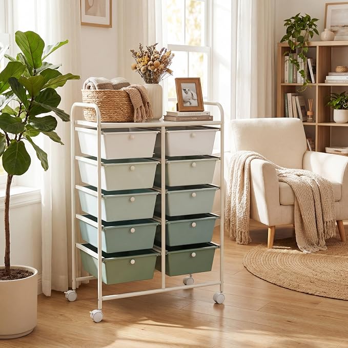 COSTWAY 10 Drawer Rolling Storage Cart, Utility Cart with Lockable Wheels | Mobile Art Supply Craft Organizer with Metal Frame, Multipurpose Drawer Cart for Paper for Office, School, Green Gradient