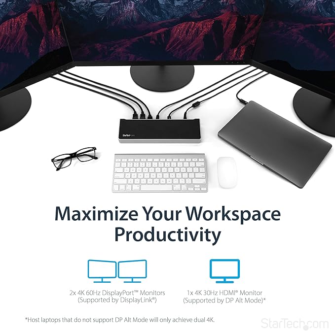 StarTech.com USB-C Triple Monitor Docking Station for MacBook Pro / Air M1 M2 M3 M4 & Windows, Universal 4K HDMI DP Dock, Thunderbolt Compatible, 100W Laptop Charging - TAA