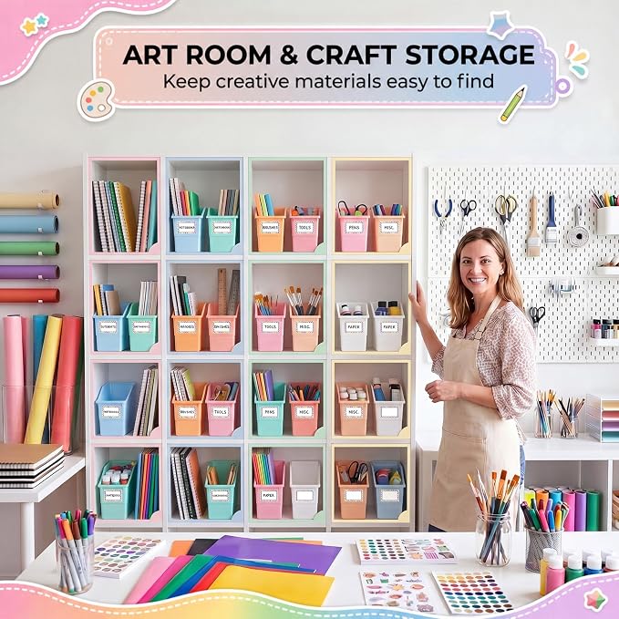 Blosssound 24 Set Book Bins for Classroom Stackable,Cloud Pastel | Plastic Baskets with Labels, Slanted Front, Library Supplies Organizers, Desktop Storage Bins, Teachers Home School Use