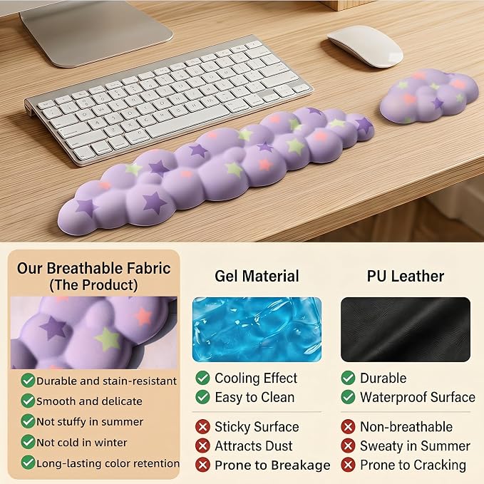 Cloud Wrist Rest Set for Keyboard & Mouse,Light Purple Colorful Star | Memory Foam Arm Rest with Ergonomic Support Fits Full Keyboards and Reduces Typing Fatigue for Office, Gaming and Home Use