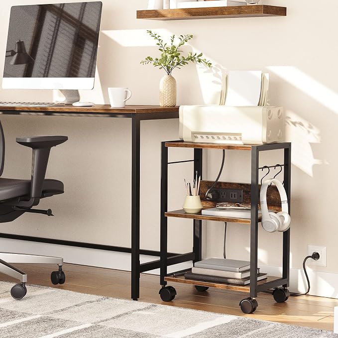 MAHANCRIS Industrial Printer Cart, 3-Tier Mobile Printer Stand, Rolling Cart with Power Outlets and USB Ports, Home Printer Stand with 2 Hooks, for Office, Living Room, Rustic Brown PTHR40E01Z