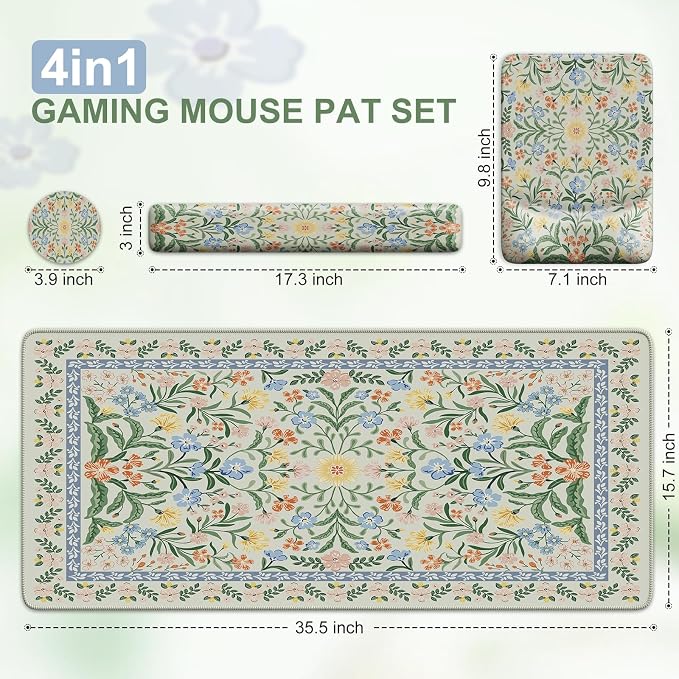 iCasso Mouse Pad with Wrist Rest, Large Desk Mat Set, Light Green | Ergonomic Keyboard Pad with Wrist Support, Non-Slip Mouse Mat for Women, Cute Floral Computer Mat for Home Office Gaming