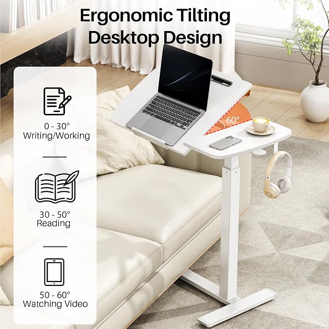 Overbed Table with Wheels, Pneumatic Height and Tilting Desktop | Top Tilts 0-60° with Anti-Slip Stops, Hook, Capacity 66 lbs, 1.18 in Low-Profile Base Slides Easily Under Beds and Sofa