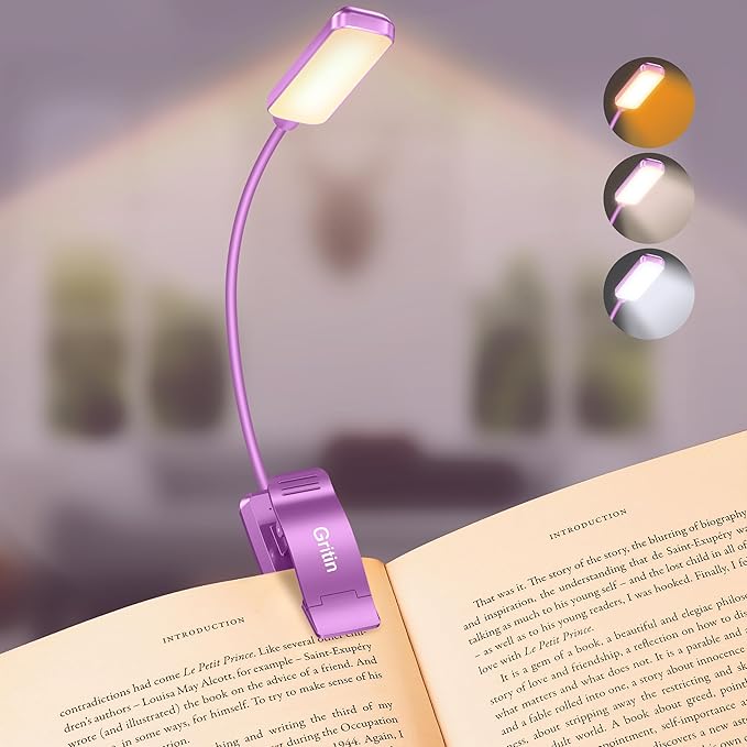 Gritin 9 LED Rechargeable Book Light for Reading in Bed - Eye Caring 3 Color Temperatures,Stepless Dimming Brightness,80 Hrs Runtime Small Lightweight Clip On Book Reading Light-Dark Purple