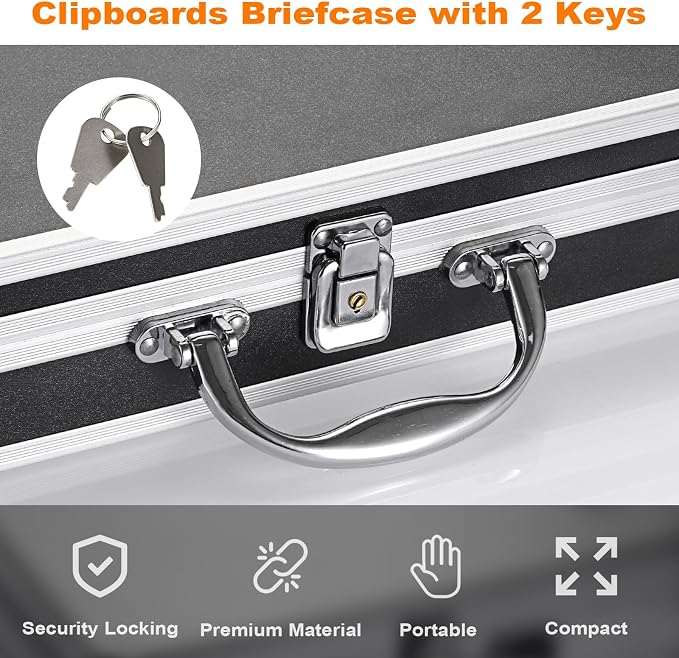 Clipboard Storage Box with Key Lock, Aluminum Case with Metal Clip | 12x9 Inch Small Briefcase, Portable Handle, Heavy Duty Clipboard Case, A4 Paper Organizer, for Office Business Men, Silver