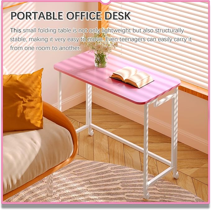 4NM 31.5" Mobile Small Rolling Computer Desk, Folding Laptop Cart Table with Wheels, Portable Office Desk for Small Space Couch Bed - Pink and White