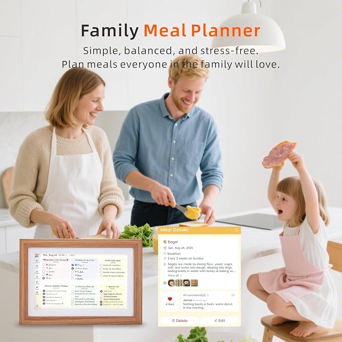 Smart Digital Calendar 10.1 Inch Touch Screen Family Organizer with Photo Frame, Wood Frame, Chore Chart and Meal Planner No Subscription