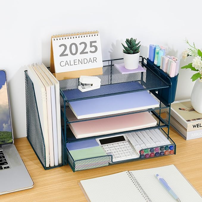 Desk Organizer, 4-Tier Desktop File Organizer with Drawer and Pen Holders, Office Desk Accessories, File Sorters, Workspace Organizers for Office Supplies(Dark Blue)