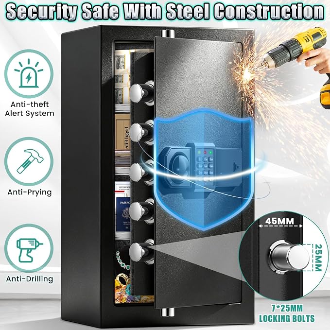 [25.59 in Tall, 60 lb] Large Heavy Fireproof Safe Box | 1700℉ Fire Resistant for 35 Mins, Combination Lock, Alarm System, 7 Sturdy Deadbolt, Removable Shelf, Sensor Light