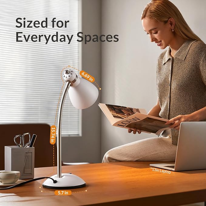 LEPOWER Metal Desk Lamp, Adjustable GooseNeck Reading Light for Bedroom | Compact & Sturdy, Space-Saving for Bedside & Dorm, E26 Table Lamp, Eye-Caring, Ideal for Study, Office, Back to School