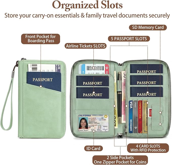 Family Passport Holder for Travel Women and Men Multiple RFID blocking Passport Holder MultiFunction Passport Wallet Passport Case Passport cover with Zipper
