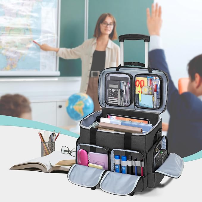 Rolling Teacher Tote Bag with 2 Detachable Pouches for Work, Black | Wheeled Teacher Uility Bag with 15.6" Padded Laptop Sleeve, Large Briefcase with Detachable Trolley for Women