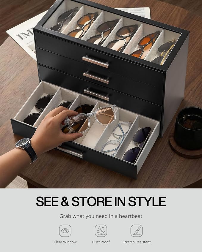 ProCase Sunglasses Organizer Box with Clear Glass Lid, PU Leather Eyeglass Storage Display Case for Men and Women