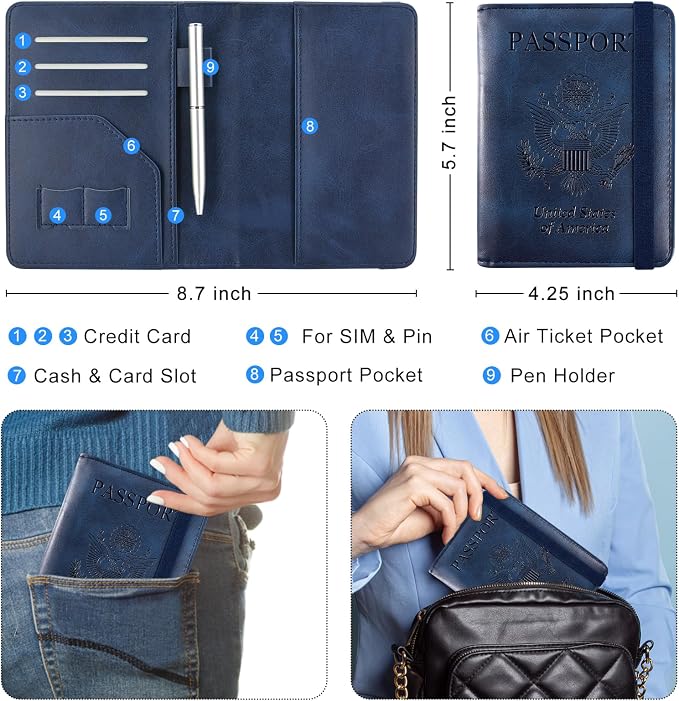 ACdream RFID BLOCKING Passport Holder Travel Wallet, Premium PU Leather Cover Passport Book with Card Holder, Pen Holder, Keep Organization, and Travel Essentials for Women and Men, Blue