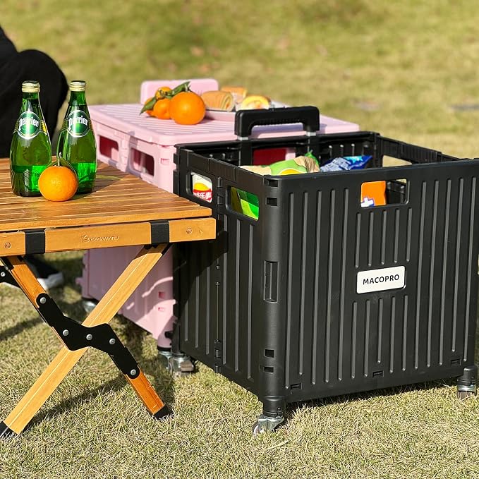 MACOPRO Folding Utility Cart Portable Rolling Crate Handcart Shopping Trolley Collapsible Tool Box, with Lid, Basket on 4 Rotate Wheels, for Grocery, Office, Luggage, Teacher (Black)