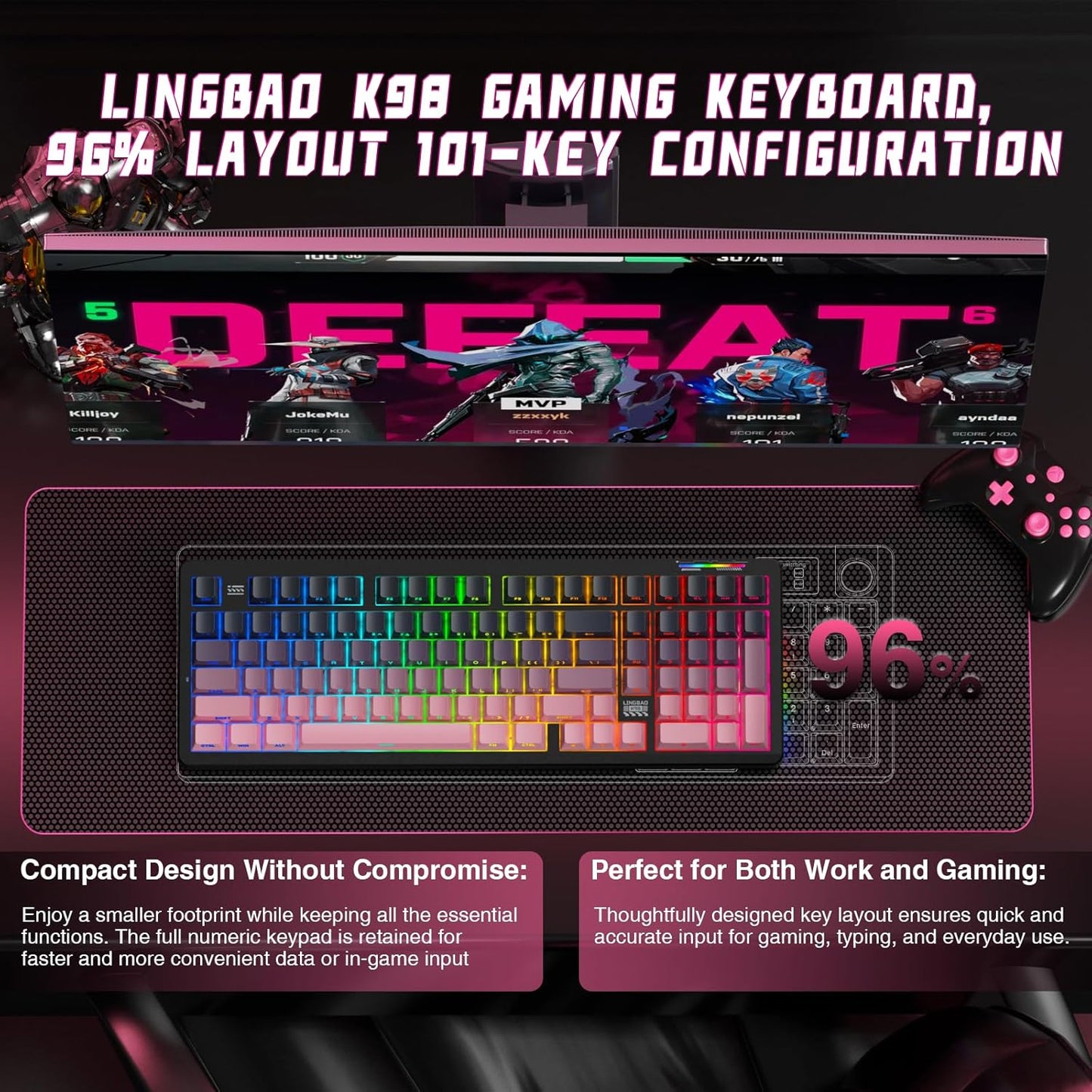 LINGBAO K98 Wireless Mechanical Gaming Keyboard, 10000mAh Battery Tri-Mode BT5.0/2.4GHz/USB-C, Gasket Custom Hot-Swappable Linear Switches Mechanical Keyboards, RGB Backlit Keyboard for PC Laptop