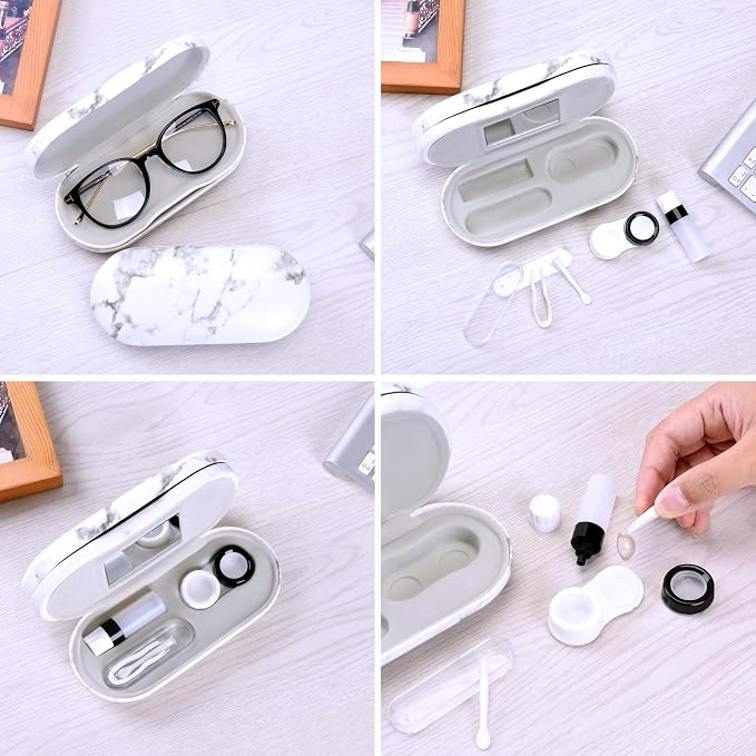 Muf 2 in 1 Contact Lens Case and Glasses Case, Double Sided Design with Mirror, Portable Travel Kit with Tweezer, Remover and Solution Bottle, Black & White Marble