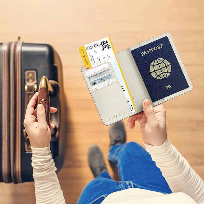 Satechi Passport Holder with Find My Tracking, 4-Slot Card Wallet, Sand | 4-slot card wallet, wireless charging, RFID protection, vegan leather