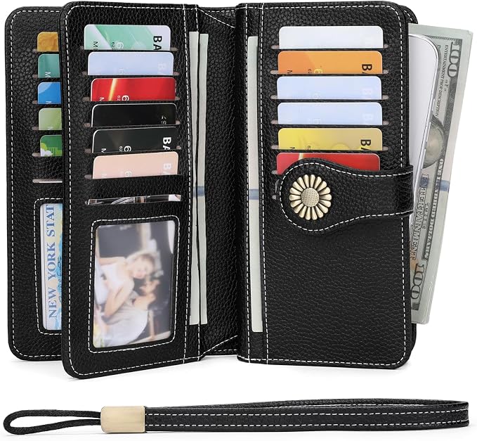 SENDEFN Wallets for Women Leather Credit Card Holder with RFID Blocking Large Capacity Wristlet | with RFID Blocking