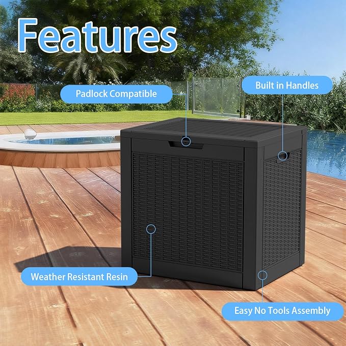 ROJIK 39 Gallon Resin Deck Box, Lockable Waterproof Weatherproof Outdoor Storage Container for Garden Tools, Cushions & Outdoor Accessories（Black