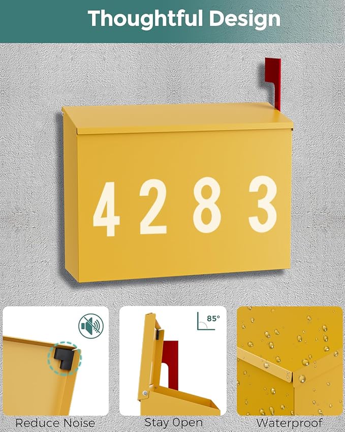 LAND·VOI Wall-Mount Mailbox with One Flag Kit and Three Sets of 0-9 Mailbox Number Stickers, Mailboxes for Outside, Galvanized Steel Rust-Proof Metal Post Box, 4.33" Dx14.2 Wx10.43 H, Yellow