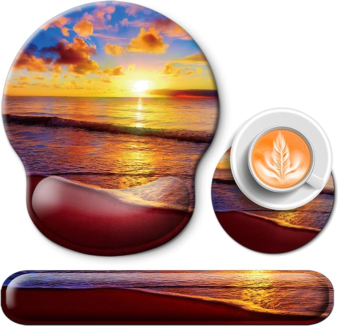 Mouse Pad and Keyboard Wrist Rest Support,Ergonomic Mouse Pad Set | Mousepad With Coaster and Non-Slip PU Base,Pain Relief for Desk Desktop Gaming, Computer,Office -Beach