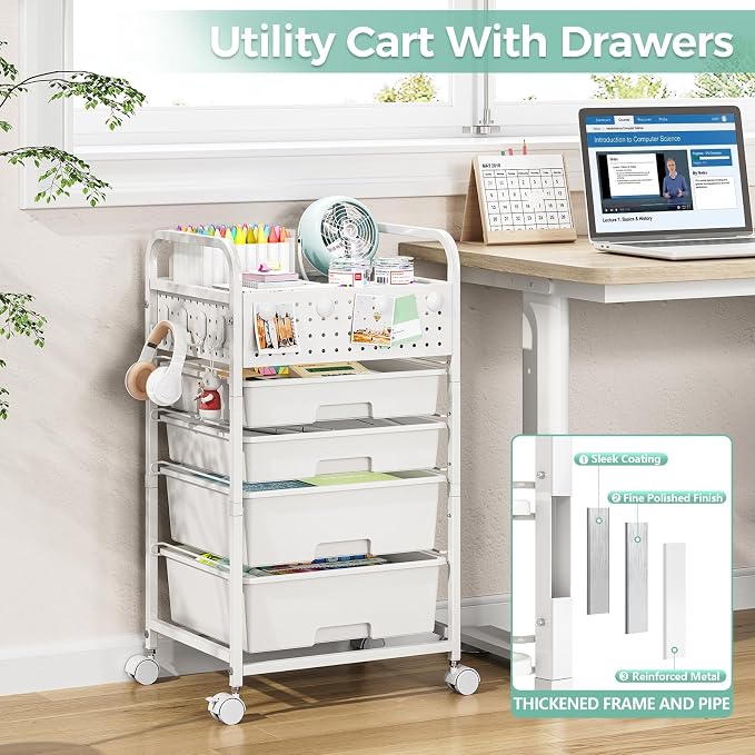SYKIARIOL 4 Drawer Rolling Storage Cart with Pegboard Top and Hooks, White | Mobile Organizer Cart with Wheels for Office Supplies, Craft Storage, Classroom Organization, Home Utility Cart