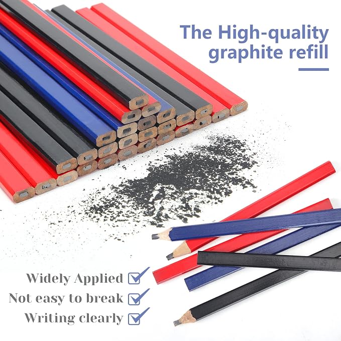 Epakh 120 Pcs Carpenter Pencil 7 Inch Flat Octagonal Hard Black Carpenter Marking Pencils Construction Contractor for Wood Working Tools Marking Concrete(Red, Blue, Black)
