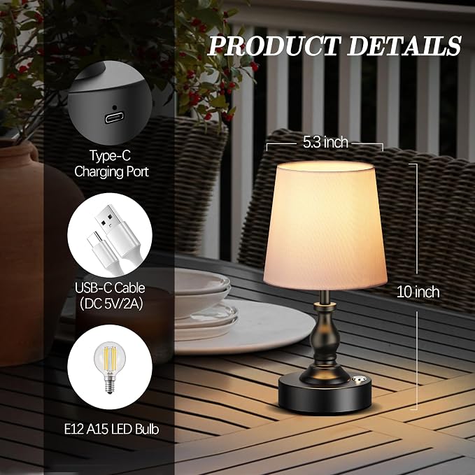 Mini Cordless LED Table Lamp, 5200mAh Rechargeable Battery Operated Lamp, 3-Level Brightness, Touch Dimmable Desk Lamp, Bedside Night Light for Patio Camping Restaurant Home, Matte Black