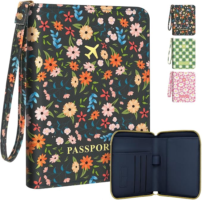 KONVINIT Black Floral Passport Holder For Travel, Passport Cover For Women | Leather RFID Blocking Passport Holder, Cute Passport Wallet with Zipper Closure, Passport Case for Women and Men