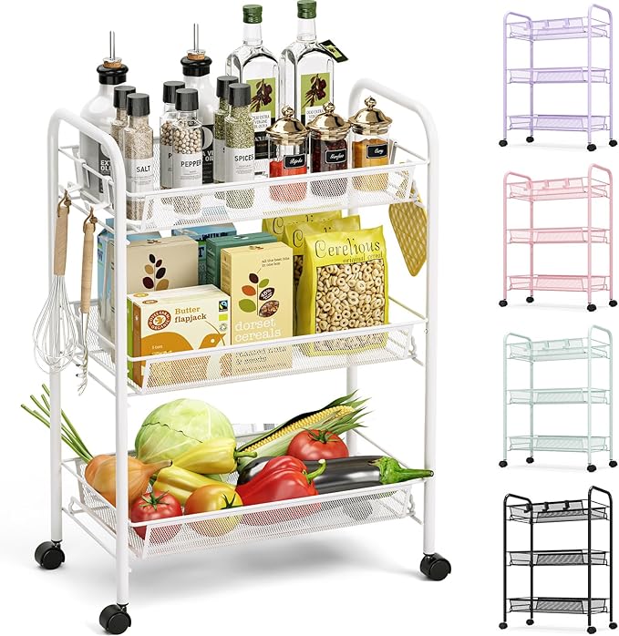 TOOLF 3 Tier Rolling Cart, Metal Utility Storage Cart with Wheels, White | 3 Hooks, Screwless Assembly, Trolley Organizer for Bathroom, Kitchen, Office, Nursery, Dorm, Laundry Room