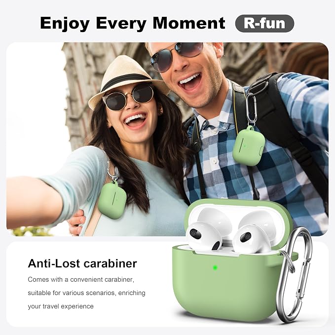 R-fun Compatible with AirPods 3 Case Cover, Silicone Protective Accessories Skin with Keychain Compatible with Apple AirPod 3rd Generation 2021 for Women Men Girls Boys,Front LED Visible,Avocado