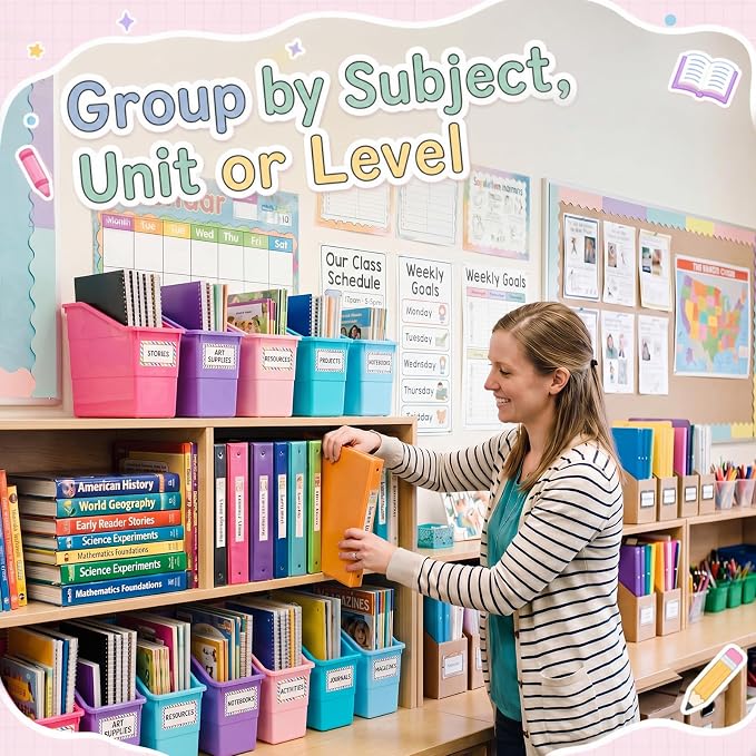 Blosssound 6 Set Book Bins for Classroom with Label Sticker Book Box Baskets Plastic Stackable Organizing Bins Storage & Organization for Classroom Library Home School Supplies (Purple Pastel)