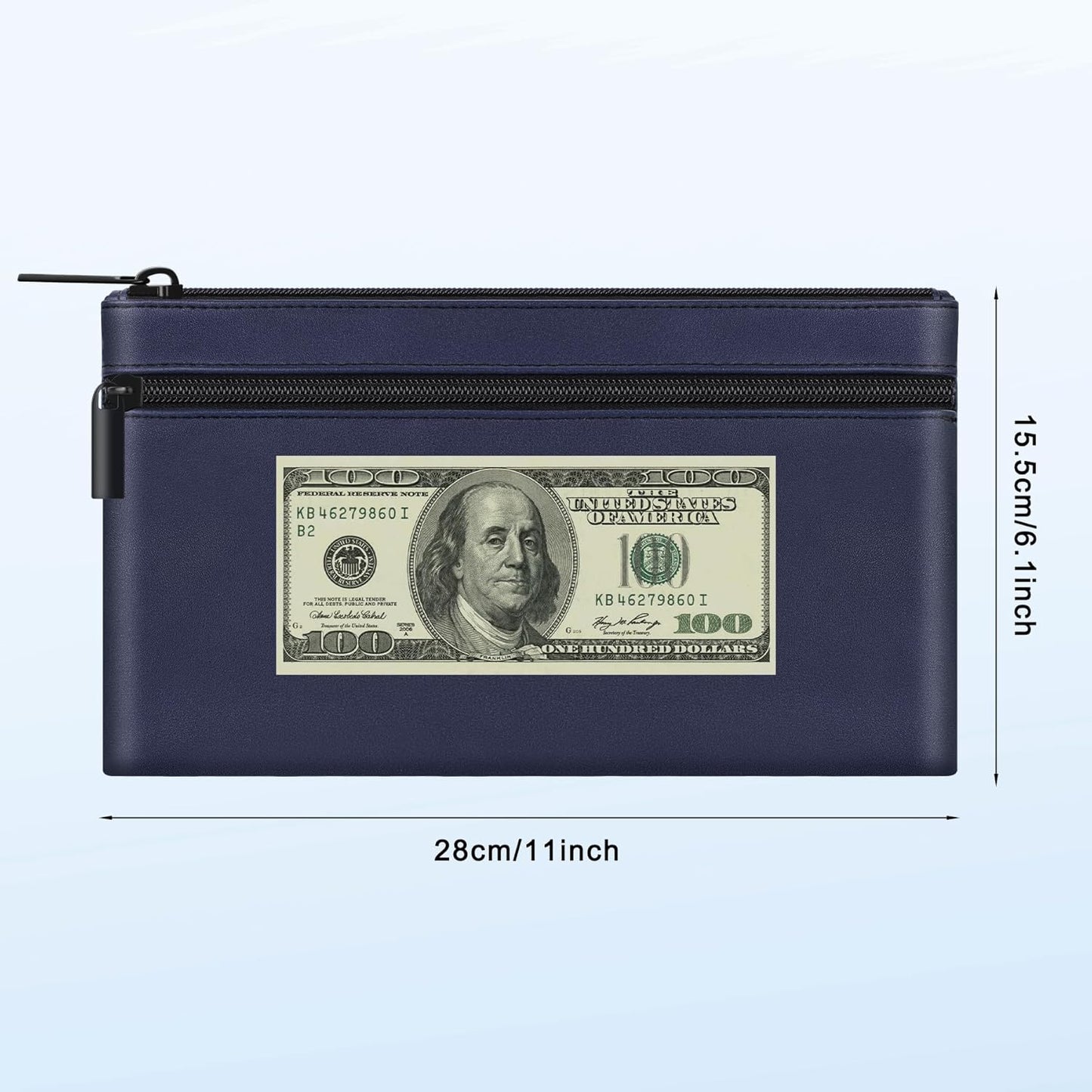 HAUTOCO Money Bag with Zipper 11x6.1 inch Money Pouch with Lined PU Leather Bank Bag Two Pockets Utility Wallet for Cash Check Receipt Coins Cosmetics, Dark Blue