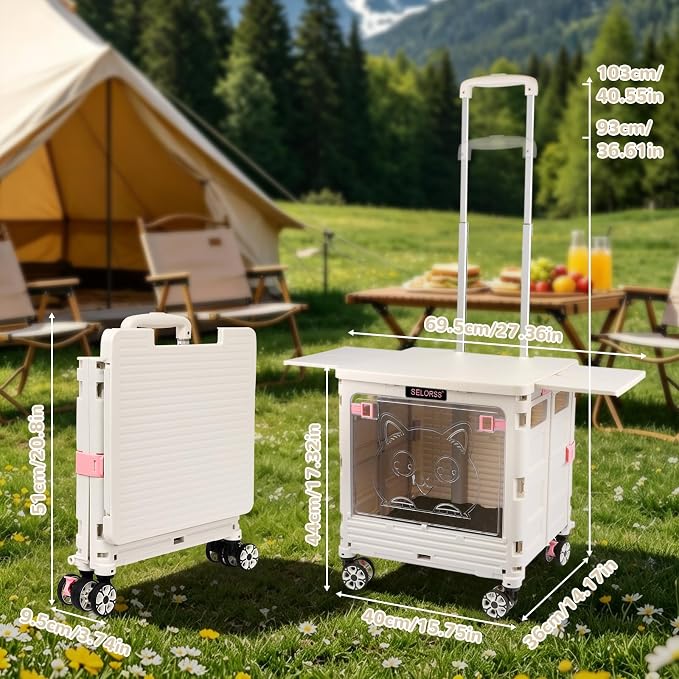 FELICON SELORSS Folding Utility Cart Portable Rolling Crate Handcart-Gray | Magnetic Sliding Lid+Lockable Transparent Front Panel,Telescoping Handle,4 Swivel Wheels Tote for Travel Shop Office Teacher