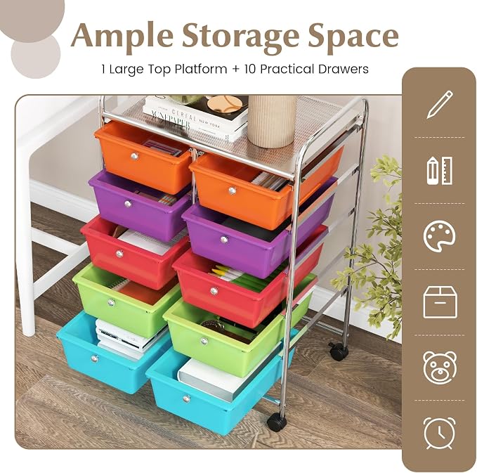 COSTWAY 10 Drawer Rolling Storage Cart, Utility Cart with Lockable Wheels | Mobile Art Supply Craft Organizer with Metal Frame, Multipurpose Drawer Cart for Paper for Office, School, Multi-color