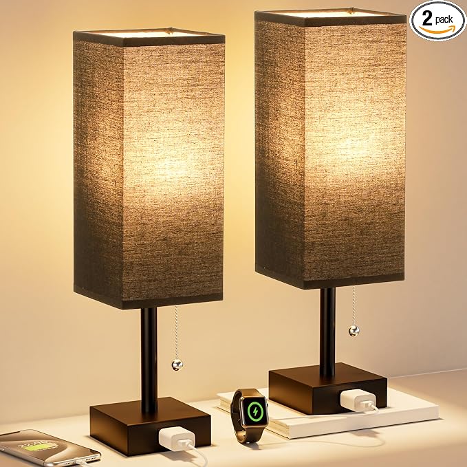 Bedside Lamp for Bedroom Set of 2 - Black Table Lamp for Nightstand | AC Outlet, 3 Color Temperatures, LED Bulb Included, Pull Chain Design, 14" Rectangular Desk Lamp for Dorm/Office, 2-Pack