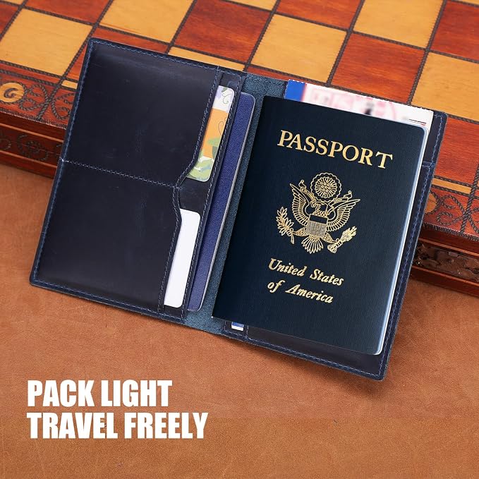 STAR VISTA Albatross Leather Travel Passport Holder, Minimalist Design, Full Grain Leather Case for Women and Men - Slim Passport Wallet, Bifold, RFID Blocking, with AirTag Holder, Navy Blue