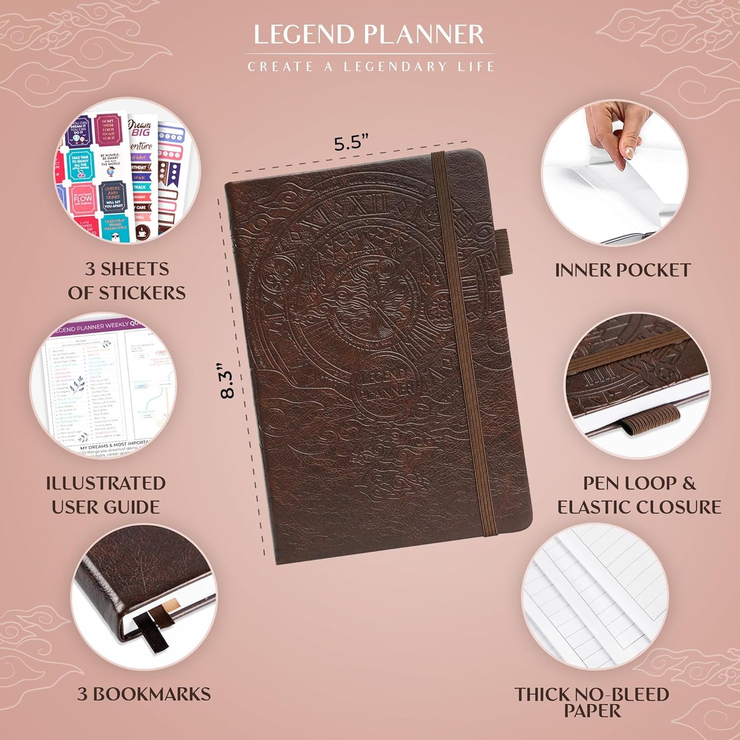 Legend Planner – Weekly & Monthly Life Planner to Hit Your Goals & Live Happier. Organizer Notebook & Productivity Journal. A5 (Dark Brown)