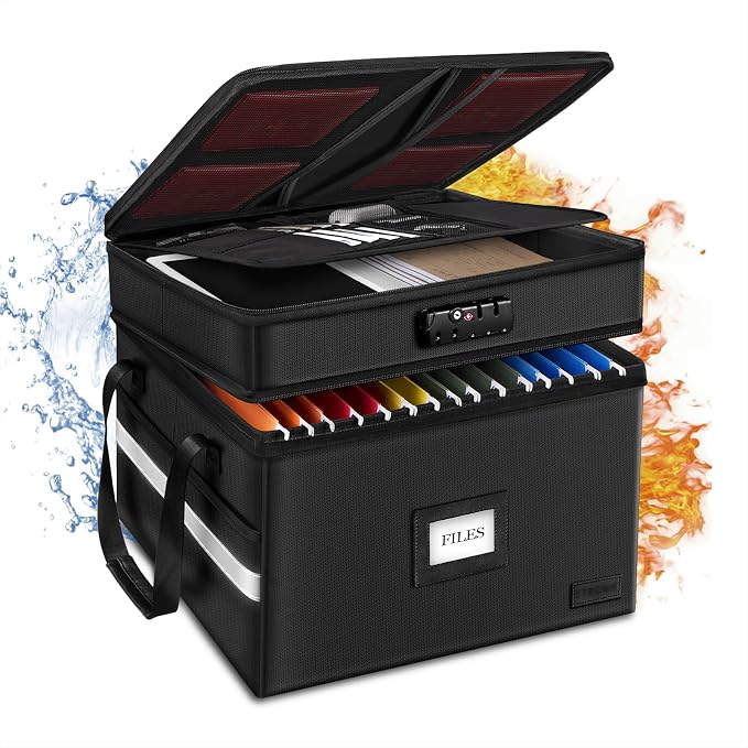 Fireproof File Oganizer with Lock, 2 Layer Fireproof Document Storage Box | Portable Office File Cabinet with 5 Tab Inserts, Collapsible File Storage for Hanging Letter, Legal Size Folder, Certificate