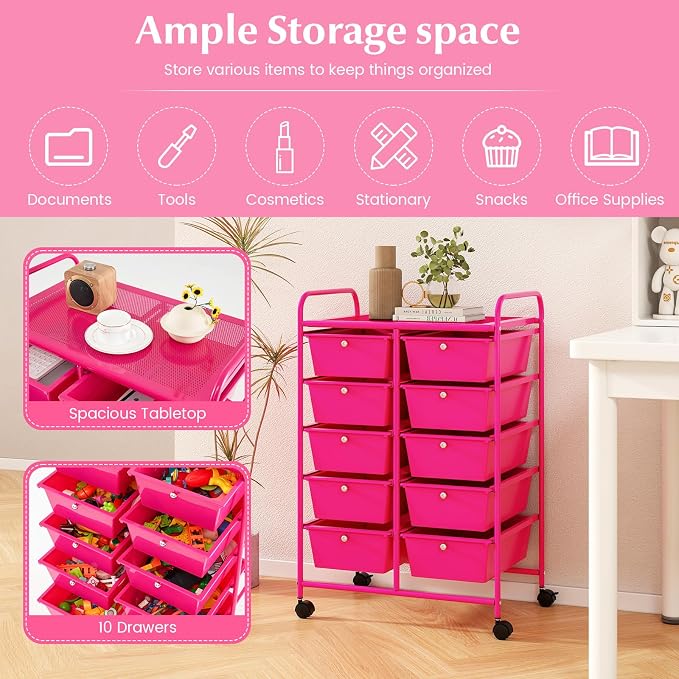 RELAX4LIFE 10-Drawer Rolling Storage Cart - Mobile Craft Art Supply Storage Organizer for Tool Scrapbook Paper Salon, Office School Classroom Teacher Rolling Cart with Drawers, Utility Cart on Wheels
