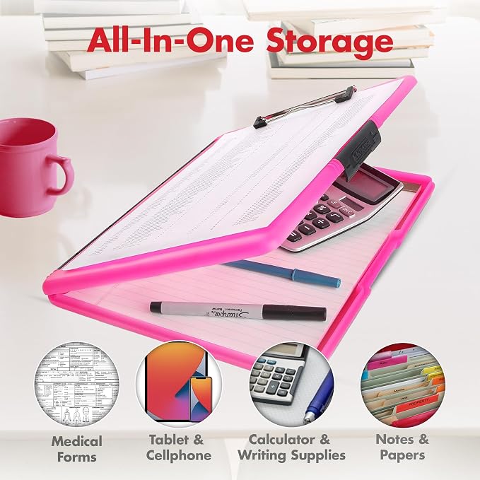 Dexas Slimcase 2 Plastic Clipboard with Storage & Side Opening, Neon Pink, Office Supplies Clipboards to Organize, Carry & Store, A4 Holder, Style and Functionality Nursing Clipboards (Pack of 6)