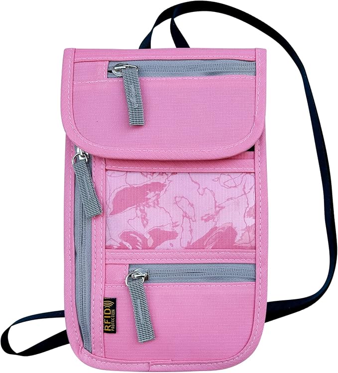Travel Neck Wallet, RFID Blocking Passport Holder with Adjustable Neck Strap for Men and Women to Keep Cash, Credit Cards and Travel Documents Safe - Pink