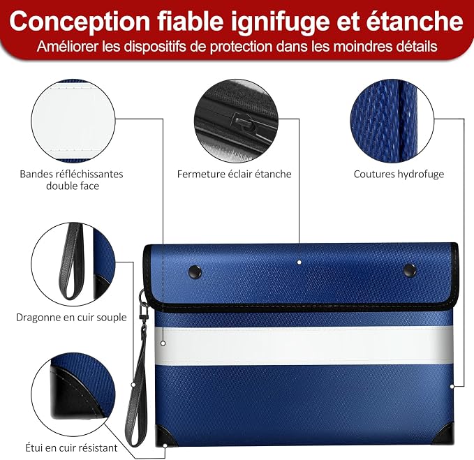 Vailoin 6200°F Fireproof Money Bag, 8 Layers of Heat Insulated Materials | Double-sided Reflective Strip, Waterproof Zipper,Certified to SGS UL94 V-1, for Tablet, Cash, A5-sized documents（Blue）