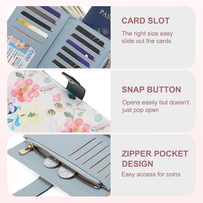 yiijay Womens Wallet RFID Blocking Vegan Leather Trifold Clutch Credit Card Holder Ladies Travel Wallet Purse with Pen Holder