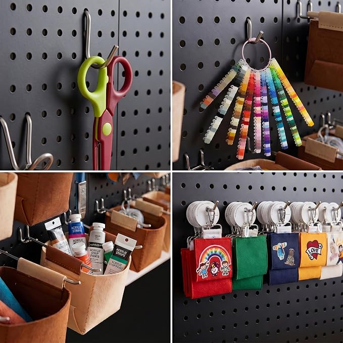 Spampur Peg Board, 6 Pack Metal Pegboard Wall Organizer with Accessories | Black Pegboard Panels with 50 Pcs Hooks and Baskets, Wall Organizer for Office, Craft Room Organization, Garage, Sewing Room