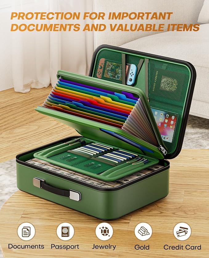 Fireproof Document Box with Lock, Hard Case Safe Box Water Resistant Document Organizer for Important Documents, Passports, Certificates & Cash, Portable File Storage for Home Office, Green